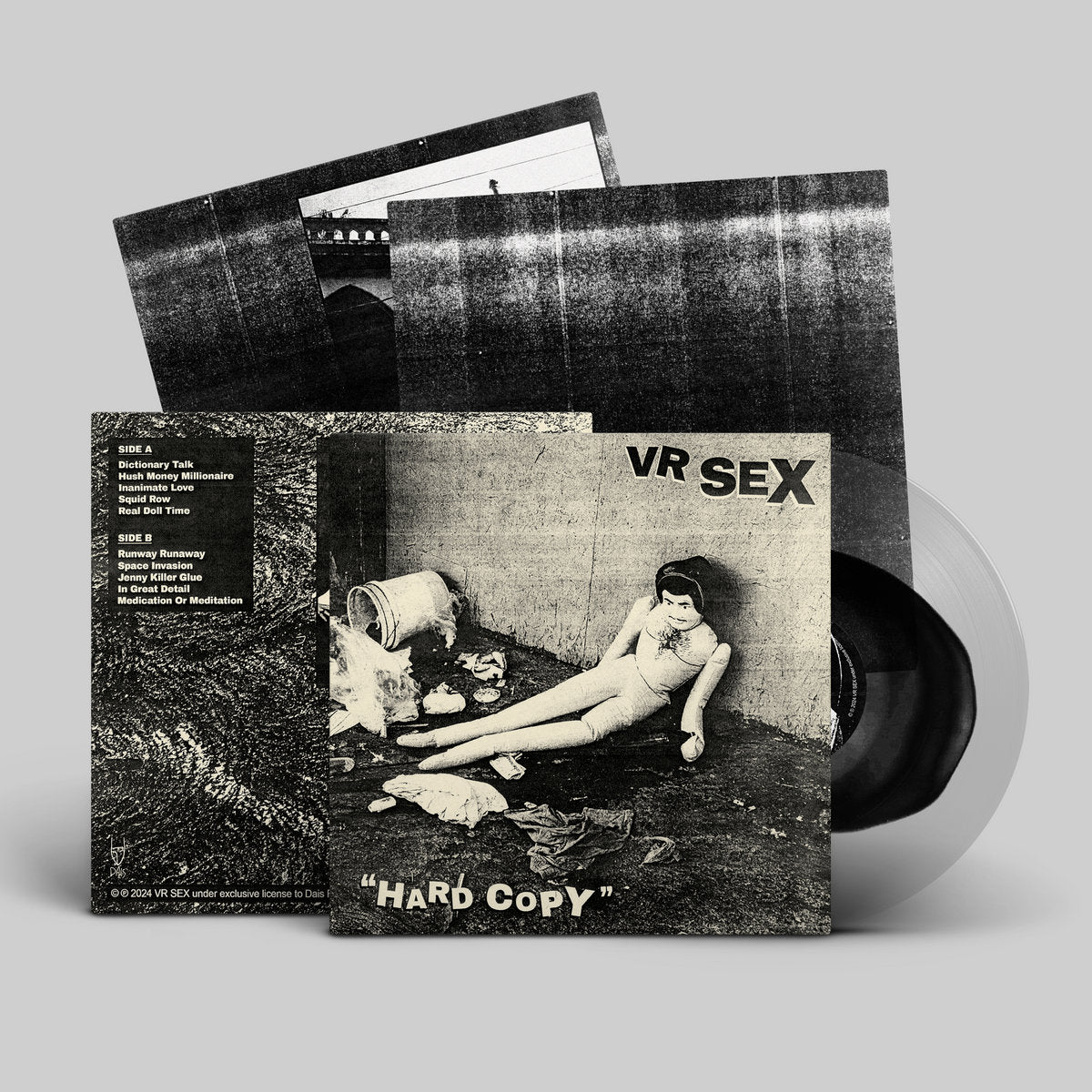 Black and clear vinyl record with cover, insert, and back  featuring black and white artwork and text 'VR SEX Hard Copy' on a gray background.