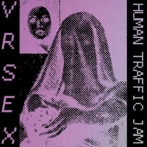 Album cover for VR SEX - Human Traffic Jam with stylized text and a silhouette of a person on a purple background