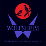 Album cover for 'Wolfsheim - The Sparrows And The Nightingales featuring two birds on a branch against a red circle on a black background.