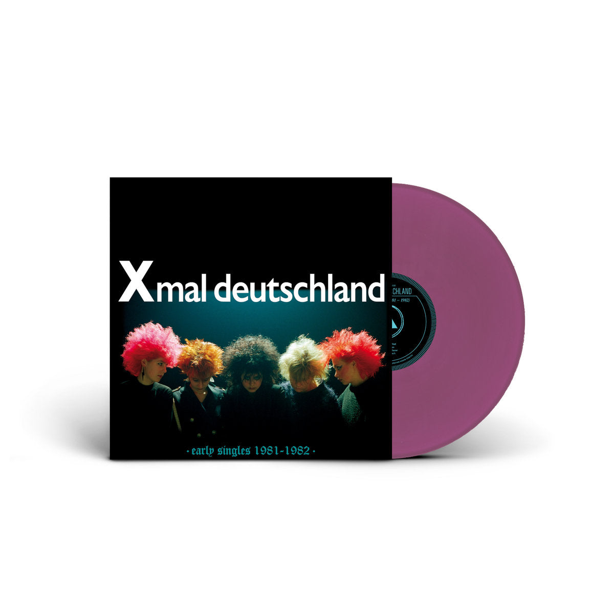 Vinyl record with a black cover featuring colorful hair styles and 'X mal deutschland' text.